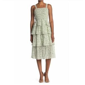 Spirit of Grace Green Floral Smocked Sleeveless Tiered Midi Dress